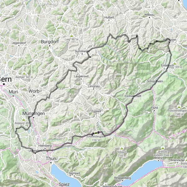 Miniatuurkaart van de fietsinspiratie "Lange weg door Emmental" in Espace Mittelland, Switzerland. Gemaakt door de Tarmacs.app fietsrouteplanner