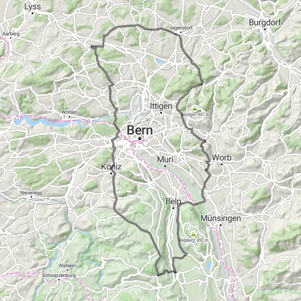 Zemljevid v pomanjšavi "Vrhunska cestna pot Hermiswil" kolesarske inspiracije v Espace Mittelland, Switzerland. Generirano z načrtovalcem kolesarskih poti Tarmacs.app