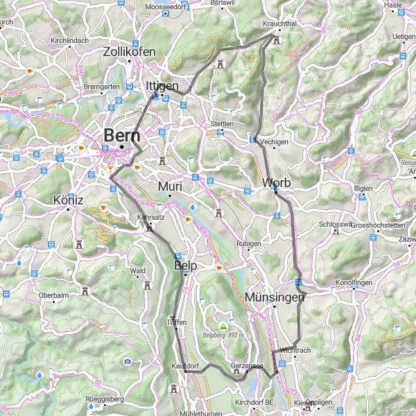 Map miniature of "Road Biking to Säuhoger and Gerzensee" cycling inspiration in Espace Mittelland, Switzerland. Generated by Tarmacs.app cycling route planner