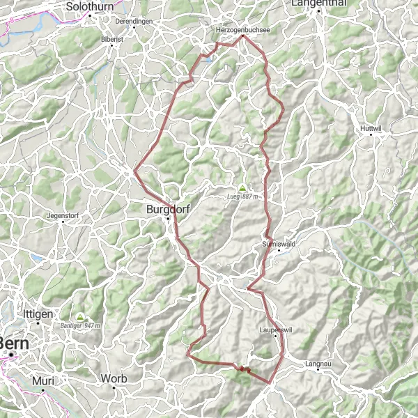Miniature de la carte de l'inspiration cycliste "Exploration de la nature autour de Burgdorf en gravel" dans la Espace Mittelland, Switzerland. Générée par le planificateur d'itinéraire cycliste Tarmacs.app