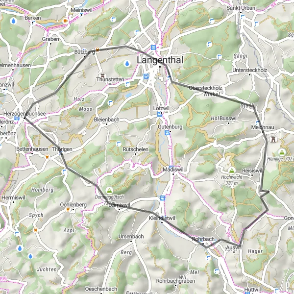 Mapa miniatúra "Cestná cyklotrasa cez Auswil a Dornegggütsch" cyklistická inšpirácia v Espace Mittelland, Switzerland. Vygenerované cyklistickým plánovačom trás Tarmacs.app
