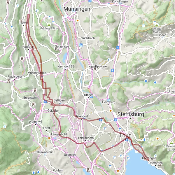 Miniature de la carte de l'inspiration cycliste "Circuit Historique de la Riviera de Thoune" dans la Espace Mittelland, Switzerland. Générée par le planificateur d'itinéraire cycliste Tarmacs.app