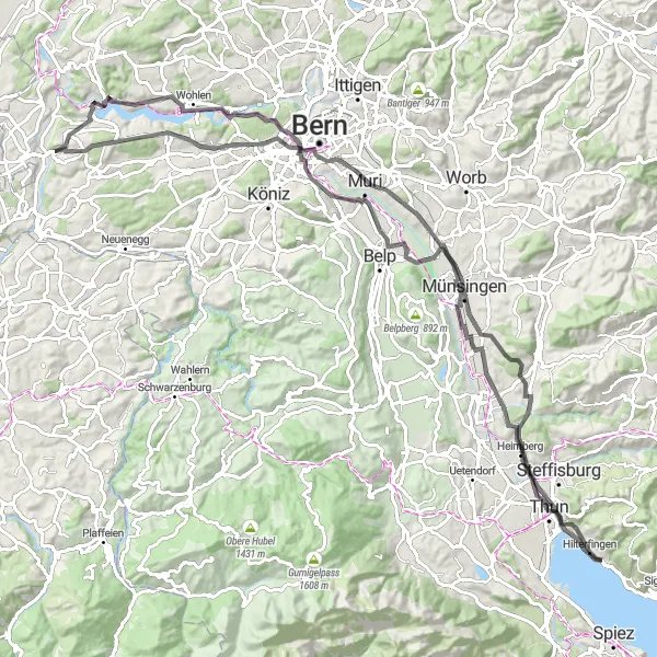 Map miniature of "Hilterfingen to Rubigen Scenic Road Trip" cycling inspiration in Espace Mittelland, Switzerland. Generated by Tarmacs.app cycling route planner