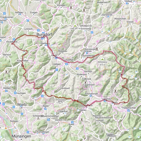 Mapa miniatúra "Trasa na gravel okolo Hindelbanku" cyklistická inšpirácia v Espace Mittelland, Switzerland. Vygenerované cyklistickým plánovačom trás Tarmacs.app