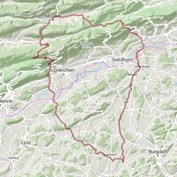 Miniaturní mapa "Gravelová trasa kolem Hindelbanku" inspirace pro cyklisty v oblasti Espace Mittelland, Switzerland. Vytvořeno pomocí plánovače tras Tarmacs.app