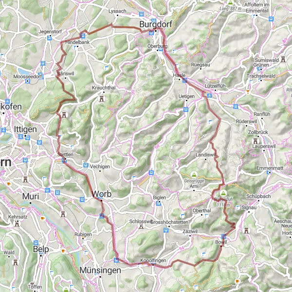Miniatura della mappa di ispirazione al ciclismo "Tour panoramico nei dintorni di Hindelbank" nella regione di Espace Mittelland, Switzerland. Generata da Tarmacs.app, pianificatore di rotte ciclistiche