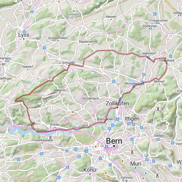 Map miniature of "Hindelbank - Bremgarten - Chutzenturm - Zuzwil" cycling inspiration in Espace Mittelland, Switzerland. Generated by Tarmacs.app cycling route planner