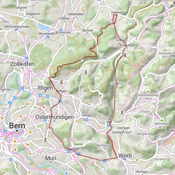 Miniaturní mapa "Charm of Gravel Trails" inspirace pro cyklisty v oblasti Espace Mittelland, Switzerland. Vytvořeno pomocí plánovače tras Tarmacs.app
