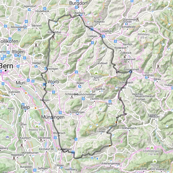 Miniatura della mappa di ispirazione al ciclismo "Giro in bicicletta a Hindelbank e dintorni" nella regione di Espace Mittelland, Switzerland. Generata da Tarmacs.app, pianificatore di rotte ciclistiche