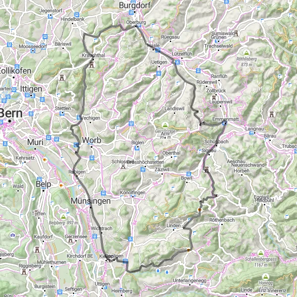 Karttaminiaatyyri "Rentouttava maantiepyöräilyretki Haselbergin ympäristössä" pyöräilyinspiraatiosta alueella Espace Mittelland, Switzerland. Luotu Tarmacs.app pyöräilyreittisuunnittelijalla