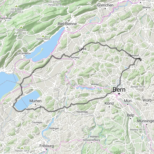 Mapa miniatúra "Cesta cez čarokrásne krajiny Mittellandu" cyklistická inšpirácia v Espace Mittelland, Switzerland. Vygenerované cyklistickým plánovačom trás Tarmacs.app