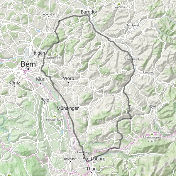 Miniatura della mappa di ispirazione al ciclismo "Esplora le bellezze naturali intorno a Hindelbank" nella regione di Espace Mittelland, Switzerland. Generata da Tarmacs.app, pianificatore di rotte ciclistiche