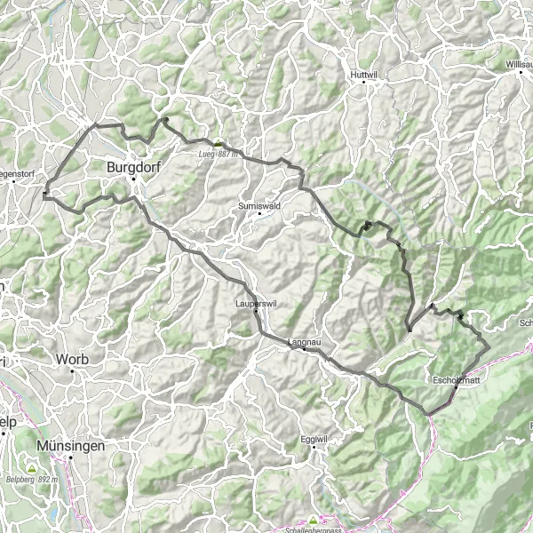 Miniature de la carte de l'inspiration cycliste "Route des Châteaux et Vallées en Vélo de Route" dans la Espace Mittelland, Switzerland. Générée par le planificateur d'itinéraire cycliste Tarmacs.app