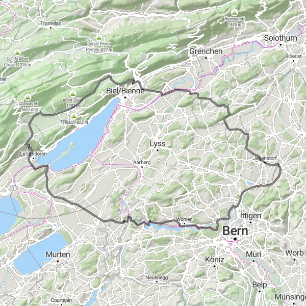 Miniaturní mapa "Panoramatická jízda" inspirace pro cyklisty v oblasti Espace Mittelland, Switzerland. Vytvořeno pomocí plánovače tras Tarmacs.app