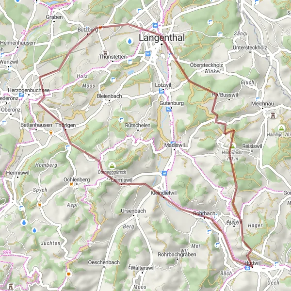Miniature de la carte de l'inspiration cycliste "L'Escapade Nature de l'Oberaargau" dans la Espace Mittelland, Switzerland. Générée par le planificateur d'itinéraire cycliste Tarmacs.app
