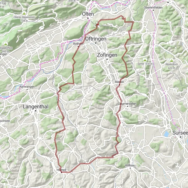 Miniatua del mapa de inspiración ciclista "Ruta por caminos de grava hacia Zell" en Espace Mittelland, Switzerland. Generado por Tarmacs.app planificador de rutas ciclistas