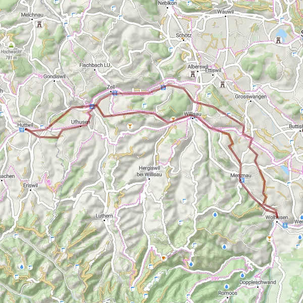 Miniatuurkaart van de fietsinspiratie "Gravel route van Huttwil naar Burg Kastelen" in Espace Mittelland, Switzerland. Gemaakt door de Tarmacs.app fietsrouteplanner