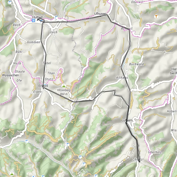 Karten-Miniaturansicht der Radinspiration "Kurze Rundtour durch verträumte Ortschaften" in Espace Mittelland, Switzerland. Erstellt vom Tarmacs.app-Routenplaner für Radtouren