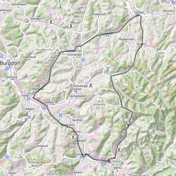 Karten-Miniaturansicht der Radinspiration "Huttwil - Rüderswil - Huttwil" in Espace Mittelland, Switzerland. Erstellt vom Tarmacs.app-Routenplaner für Radtouren