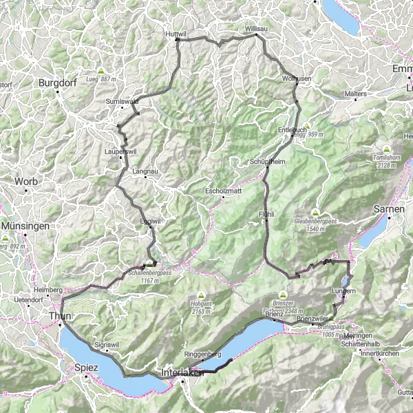 Miniature de la carte de l'inspiration cycliste "Le Grand Tour du Mittelland" dans la Espace Mittelland, Switzerland. Générée par le planificateur d'itinéraire cycliste Tarmacs.app