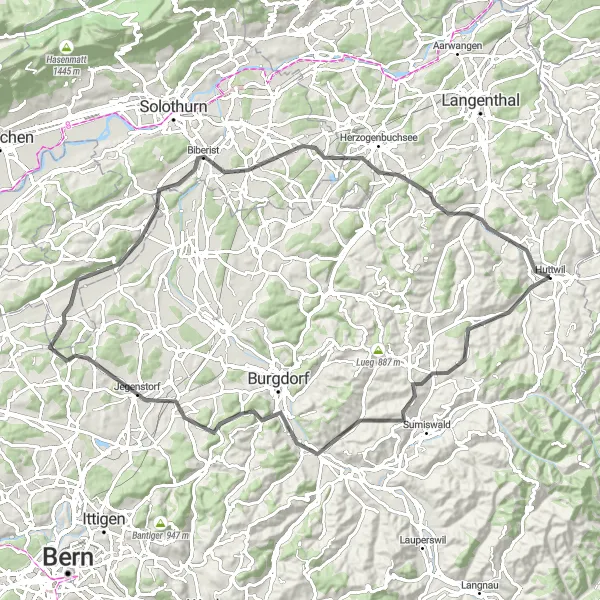 Miniature de la carte de l'inspiration cycliste "Le Grand Tour de Berne" dans la Espace Mittelland, Switzerland. Générée par le planificateur d'itinéraire cycliste Tarmacs.app