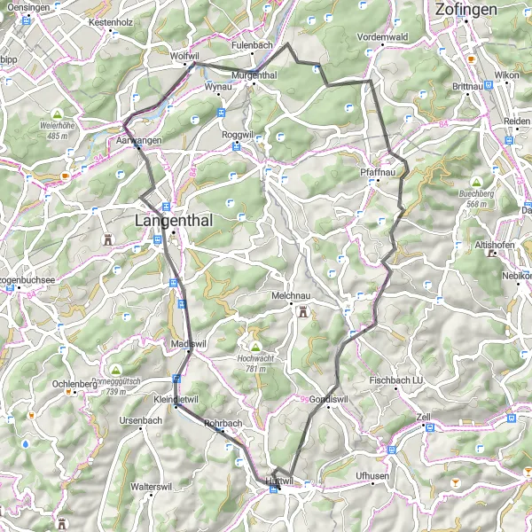 Mapa miniatúra "Okruhová cyklotrasa Huttwil - Bisig" cyklistická inšpirácia v Espace Mittelland, Switzerland. Vygenerované cyklistickým plánovačom trás Tarmacs.app