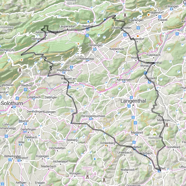 Miniatua del mapa de inspiración ciclista "Ruta desafiante por Dornegggütsch-Melchnau" en Espace Mittelland, Switzerland. Generado por Tarmacs.app planificador de rutas ciclistas