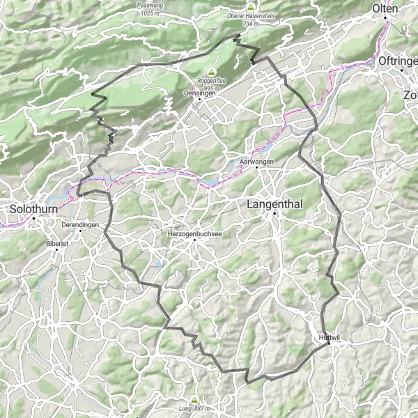 Miniature de la carte de l'inspiration cycliste "Parcours cycliste sur route de Dürrenroth à Bisig" dans la Espace Mittelland, Switzerland. Générée par le planificateur d'itinéraire cycliste Tarmacs.app