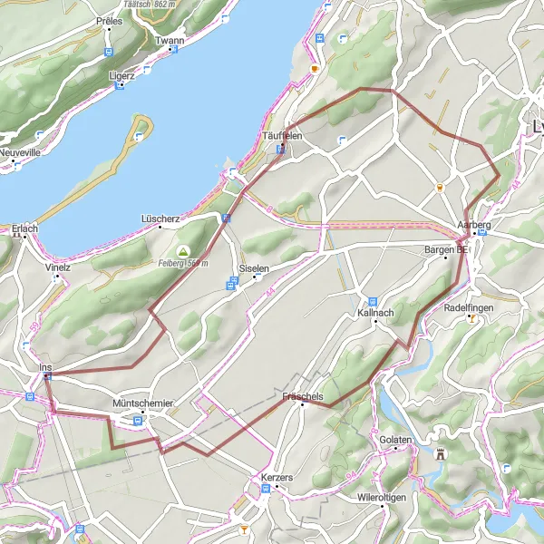 Miniatura della mappa di ispirazione al ciclismo "Tour della regione di Seeland" nella regione di Espace Mittelland, Switzerland. Generata da Tarmacs.app, pianificatore di rotte ciclistiche