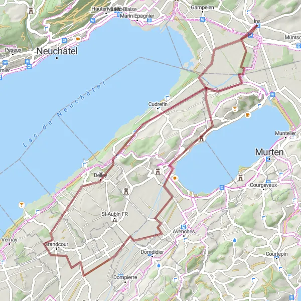 Map miniature of "Mont Vully Gravel Loop" cycling inspiration in Espace Mittelland, Switzerland. Generated by Tarmacs.app cycling route planner