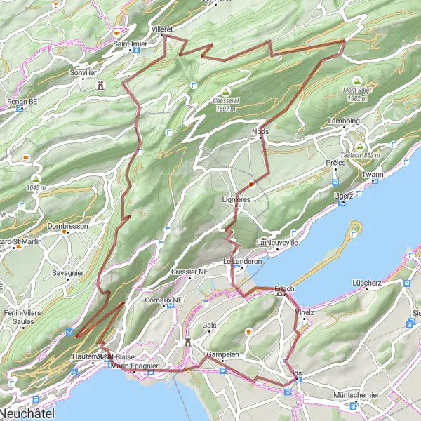 Zemljevid v pomanjšavi "Gravel round-trip from Ins via Chaumont" kolesarske inspiracije v Espace Mittelland, Switzerland. Generirano z načrtovalcem kolesarskih poti Tarmacs.app