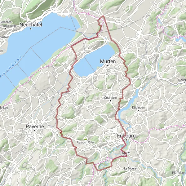 Map miniature of "Ins to Mont Vully via Fribourg" cycling inspiration in Espace Mittelland, Switzerland. Generated by Tarmacs.app cycling route planner