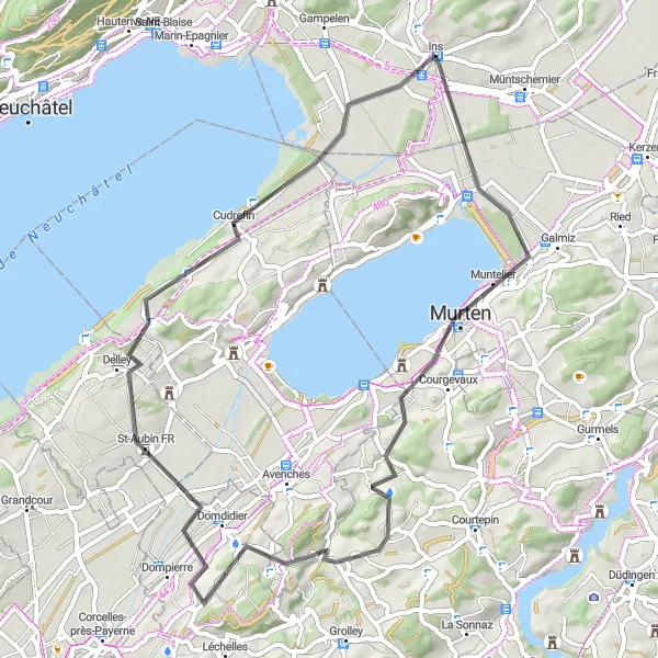 Miniatua del mapa de inspiración ciclista "Ruta de Carretera de Murten a St.Jodel" en Espace Mittelland, Switzerland. Generado por Tarmacs.app planificador de rutas ciclistas