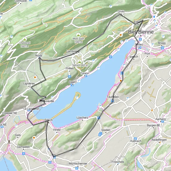 Miniatua del mapa de inspiración ciclista "Ruta escénica por el lago Bienne" en Espace Mittelland, Switzerland. Generado por Tarmacs.app planificador de rutas ciclistas