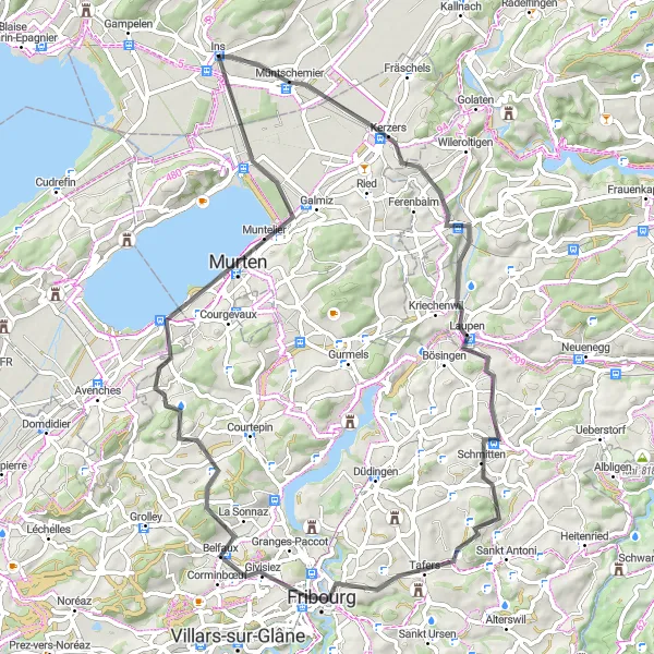 Zemljevid v pomanjšavi "Road cycling loop from Ins to Murten" kolesarske inspiracije v Espace Mittelland, Switzerland. Generirano z načrtovalcem kolesarskih poti Tarmacs.app