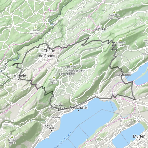 Map miniature of "Neuchâtel to Chasseral" cycling inspiration in Espace Mittelland, Switzerland. Generated by Tarmacs.app cycling route planner