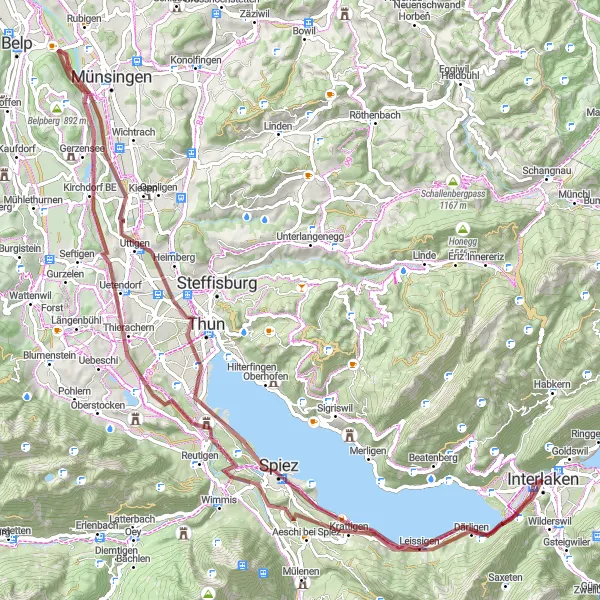 Zemljevid v pomanjšavi "Gorsko kolesarjenje na poti proti Thunu" kolesarske inspiracije v Espace Mittelland, Switzerland. Generirano z načrtovalcem kolesarskih poti Tarmacs.app