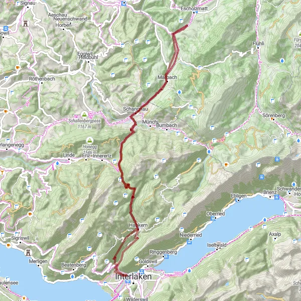 Kartminiatyr av "Utforsk Gravel Roads fra Interlaken" sykkelinspirasjon i Espace Mittelland, Switzerland. Generert av Tarmacs.app sykkelrutoplanlegger