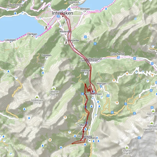 Miniatua del mapa de inspiración ciclista "Ruta de Grava Interlaken-Lauterbrunnen-Isenfluh" en Espace Mittelland, Switzerland. Generado por Tarmacs.app planificador de rutas ciclistas