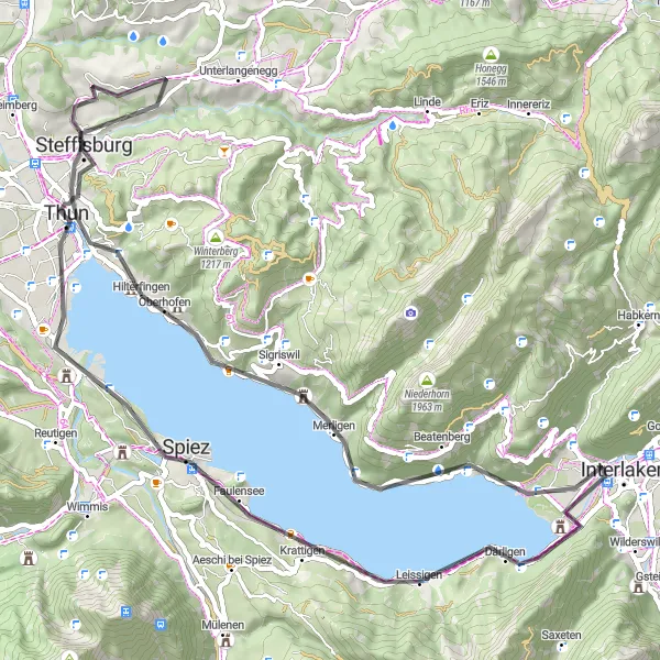Miniature de la carte de l'inspiration cycliste "Tour de Thun et Heimwehfluh" dans la Espace Mittelland, Switzerland. Générée par le planificateur d'itinéraire cycliste Tarmacs.app