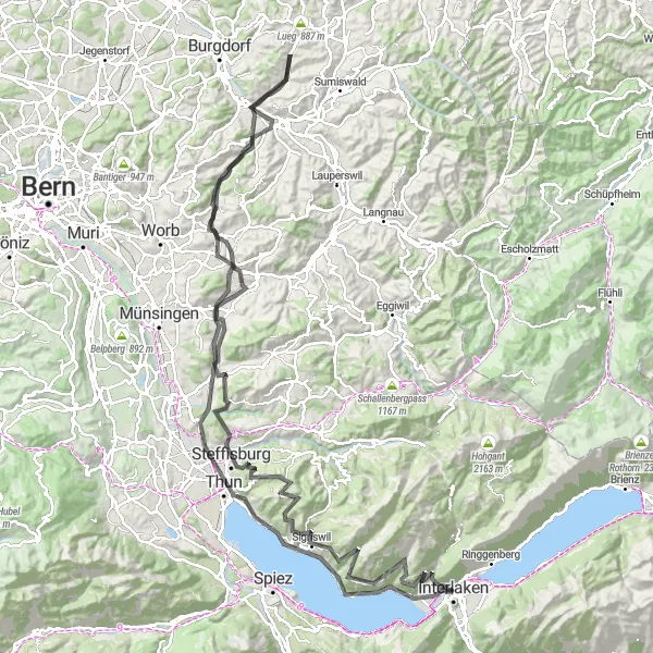 Map miniature of "Interlaken to Unterseen" cycling inspiration in Espace Mittelland, Switzerland. Generated by Tarmacs.app cycling route planner