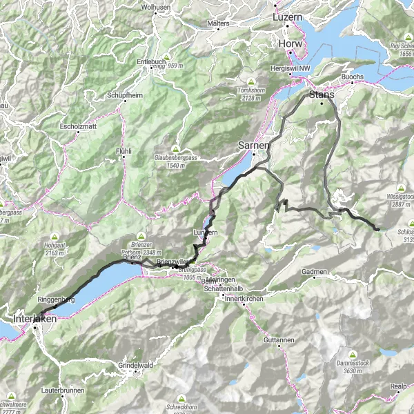 Miniatura della mappa di ispirazione al ciclismo "Giro in bicicletta da Interlaken a Engelberg" nella regione di Espace Mittelland, Switzerland. Generata da Tarmacs.app, pianificatore di rotte ciclistiche