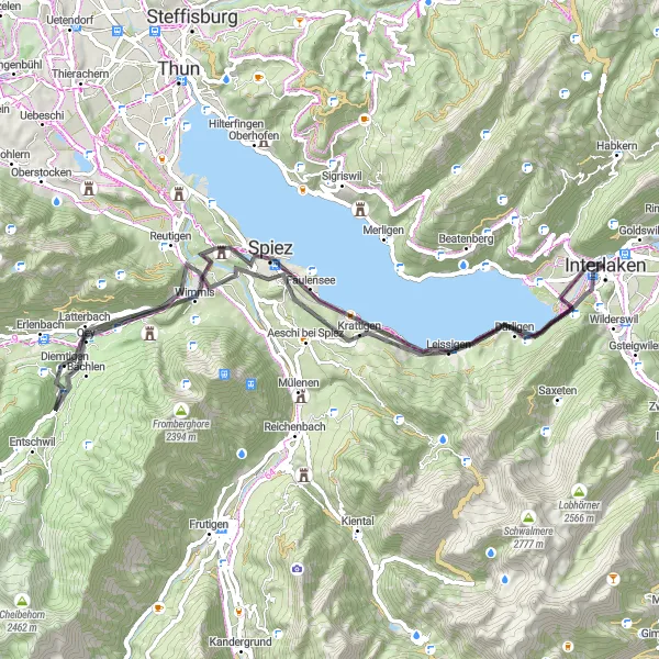 Map miniature of "Interlaken to Unterseen via Speiz" cycling inspiration in Espace Mittelland, Switzerland. Generated by Tarmacs.app cycling route planner