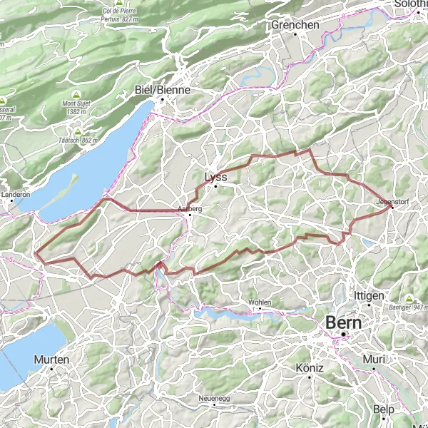 Kartminiatyr av "Oppdag Aarberg og omegn" sykkelinspirasjon i Espace Mittelland, Switzerland. Generert av Tarmacs.app sykkelrutoplanlegger