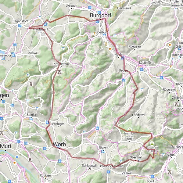 Karttaminiaatyyri "Jegenstorf - Rohrmishubel - Hasle - Arni - Blasenfluh - Worb - Chanzel - Krauchthal" pyöräilyinspiraatiosta alueella Espace Mittelland, Switzerland. Luotu Tarmacs.app pyöräilyreittisuunnittelijalla