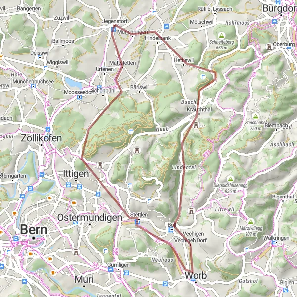 Karttaminiaatyyri "Jegenstorf - Eyberg - Krauchthal - Worb - Hätteberg - Mattstetten Loop" pyöräilyinspiraatiosta alueella Espace Mittelland, Switzerland. Luotu Tarmacs.app pyöräilyreittisuunnittelijalla