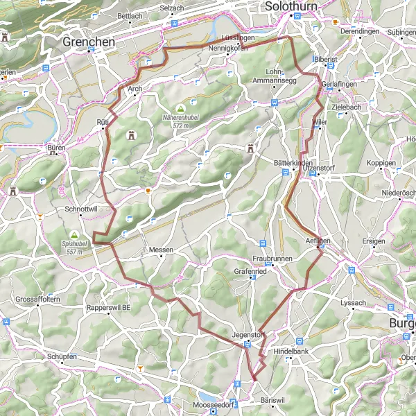 Miniaturní mapa "Gravelový okruh Zuzwil - Münchringen" inspirace pro cyklisty v oblasti Espace Mittelland, Switzerland. Vytvořeno pomocí plánovače tras Tarmacs.app