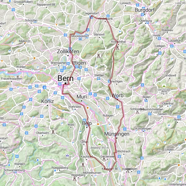 Mapa miniatúra "Gravelová cyklistická trasa okolo Jegenstorfu" cyklistická inšpirácia v Espace Mittelland, Switzerland. Vygenerované cyklistickým plánovačom trás Tarmacs.app
