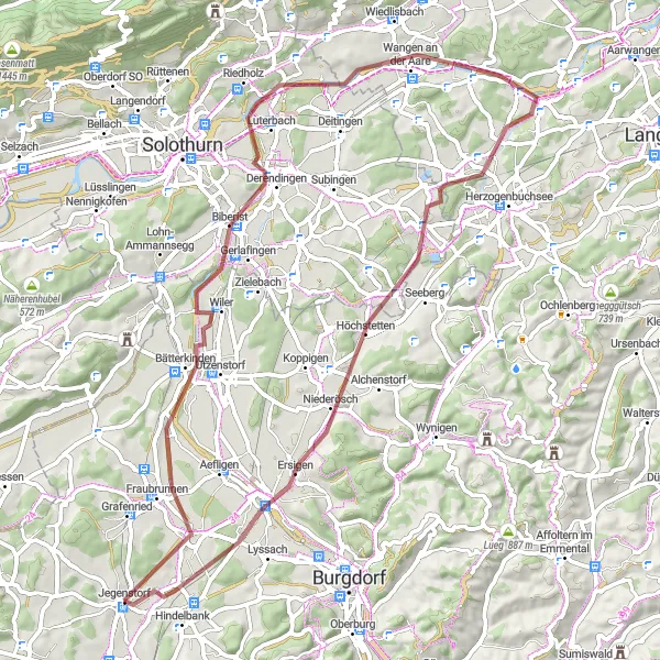 Miniatua del mapa de inspiración ciclista "Aventura Gravel a Münchringen" en Espace Mittelland, Switzerland. Generado por Tarmacs.app planificador de rutas ciclistas