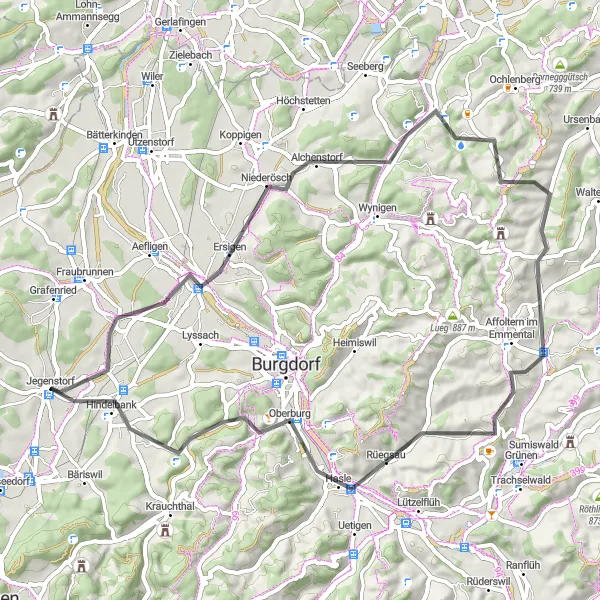 Miniatua del mapa de inspiración ciclista "Ruta en Carretera Haselberg" en Espace Mittelland, Switzerland. Generado por Tarmacs.app planificador de rutas ciclistas
